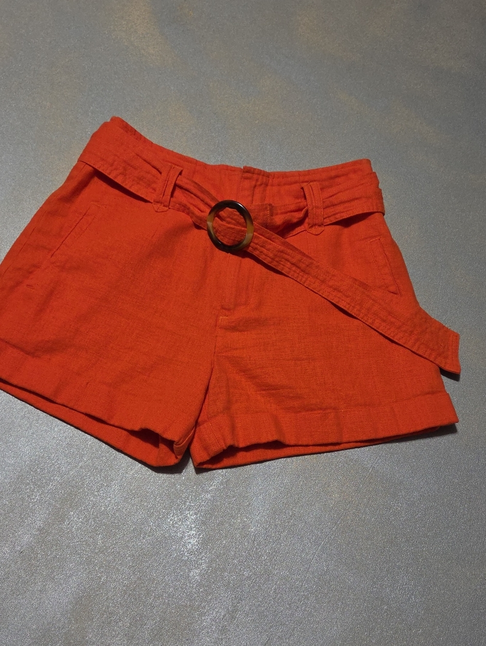 High-Waist Orange Belted Linen Shorts